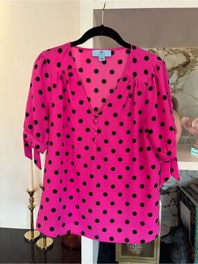 CeCe Hot Pink and Black Polka Dot V-Neck Blouse
